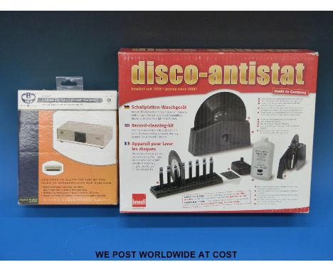 B Tech 2-way speaker selector switch with screw terminals together with a disco-antistat record cleaning kit, both boxed.