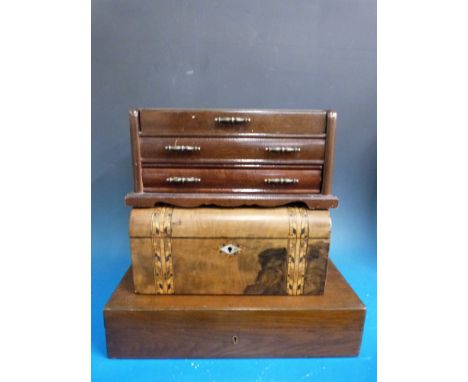 A cutlery case, jewellery box and an inlaid box with mother of pearl together with three other boxes