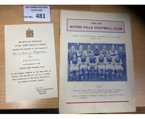 Football : Ipswich Town v Aston Villa hospital cup part programme with middle pages fully signed by both teams plus a mayoral