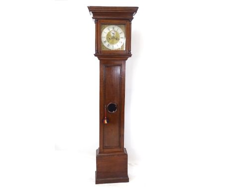 An 18th century longcase clock, having a 12" square brass dial with 1 subsidiary dial striking on a bell, dial signed George 