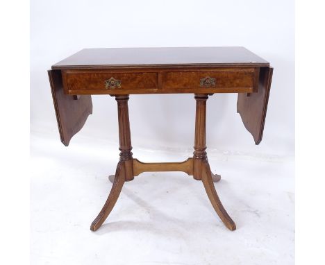 A reproduction crossbanded walnut sofa table, with 2 frieze drawers, W80cm, H74cm, D50cm 