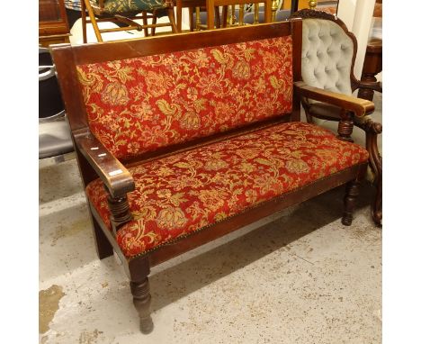 A stained wood pub upholstered bench, L122cm, H98cm, D53cm, seat height 45cm and depth 47cm 