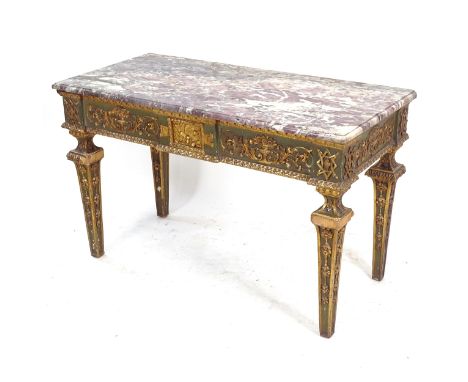 An Antique Continental console table of rectangular form, with a mauve and cream speckled marble top, applied gilded scrolled