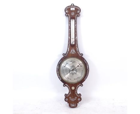 A 19th century rosewood and mother-of-pearl inlaid wheel barometer (A/F), L100cm 