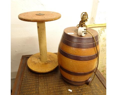 A large Vintage cotton reel, by Vermont S&B Company, dated 1914, and a ceramic keg design table lamp (2) 