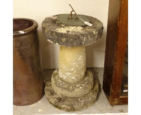 A weathered 3-section concrete garden sundial, H62cm 