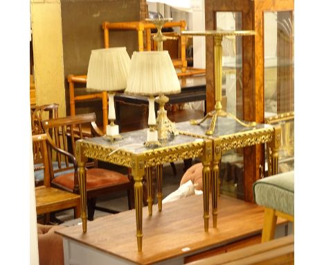 A pair of giltwood and faux marble-top square lamp tables, W46cm, H45cm, a similar wine table on tripod base, a pair of alaba