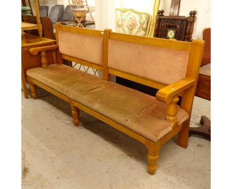 A large upholstered pub bench, L217cm, H102cm, D53cm, seat height 43cm and depth 51cm 