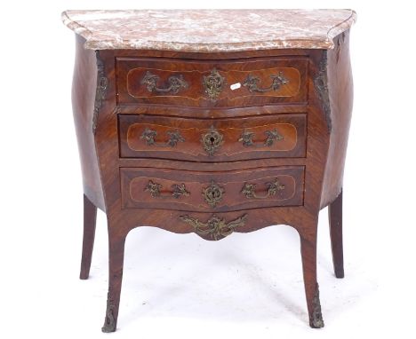 A Continental walnut commode of serpentine form, with shaped marble top, 3 drawers and ormolu mounts, W82cm, H82cm, D37cm 