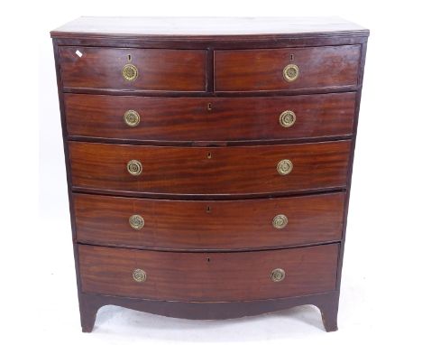 A Regency mahogany bow-front chest of 2 short and 4 long drawers, on bracket feet, W103cm, H118cm, D53cm 