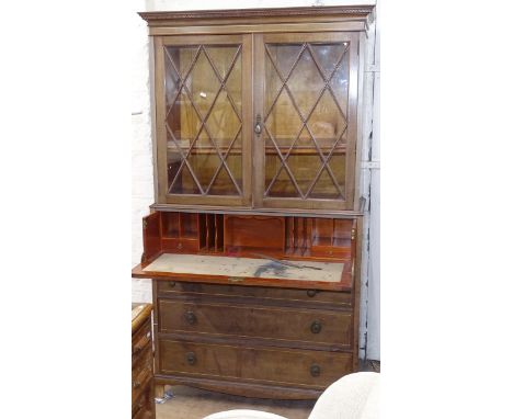 A reproduction 2-section secretaire bookcase, with lattice-glazed doors, and 3 drawers under, W99cm, H183cm, D41cm 