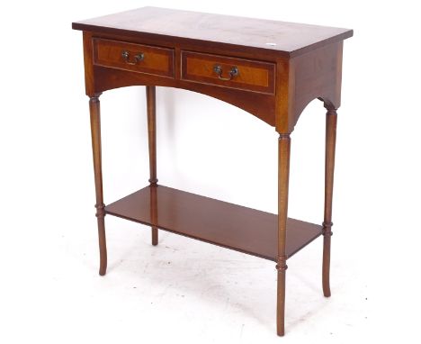 A reproduction mahogany satinwood-strung hall table, with 2 frieze drawers, W67cm, H76cm, D33cm 