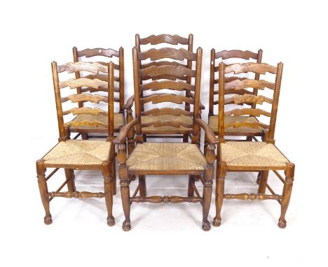 A set of 6 North Country style ash ladder-back dining chairs with rush seats (4 and 2) 