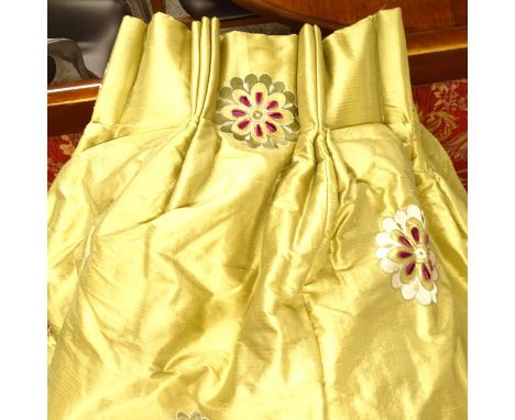 A pair of green silk embroidered lined and inter-lined curtains, width 265cm, drop 240cm 