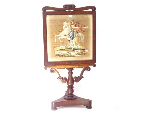 A Regency rosewood fire screen, with an inset woolwork panel, on a tri-form base, W61cm, H120cm 