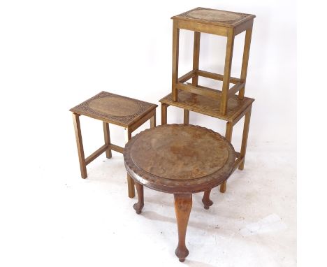 A carved hardwood nest of 3 occasional tables, and a similar circular lamp table 