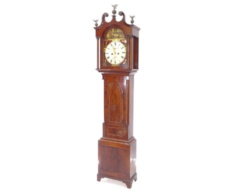 An 18th century 8-day longcase clock, having a 30" arch-top dial with 2 subsidiary dials, and replacement movement, dial sign