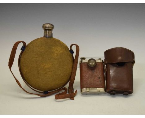 First World War Officer's 'The Orilux' torch in brown leather case, 16cm high, together with a large circular flask with brow