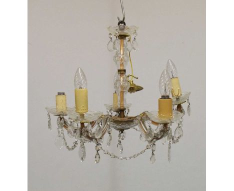 Assorted light fittings to include; five branch lustre drop chandelier, 41cm high, wall lights, cherub light fitting, etc.