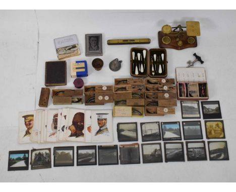 Quantity of interesting miscellanea to include postage scales, Dunhill tobacco weight, magic lantern slides, etc