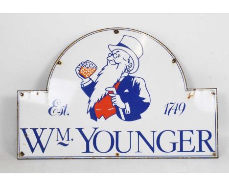 Advertising - WM. Younger white enamel metal sign, 91cm x 60cm high 