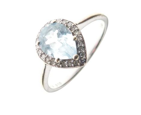 9ct white gold dress ring set pear-cut blue topaz and diamonds, size P approx, 2.8g gross approx