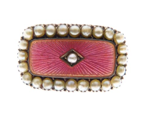 Enamel and pearl rectangular brooch, unmarked, 25mm wide approx, 4.9g gross approx