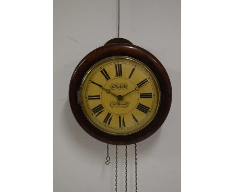 'Postman's alarm' type weight-driven wall clock, the 9.5-inch paper Roman dial marked "S. Wehrle, Newpord" [sic], 33cm diamet