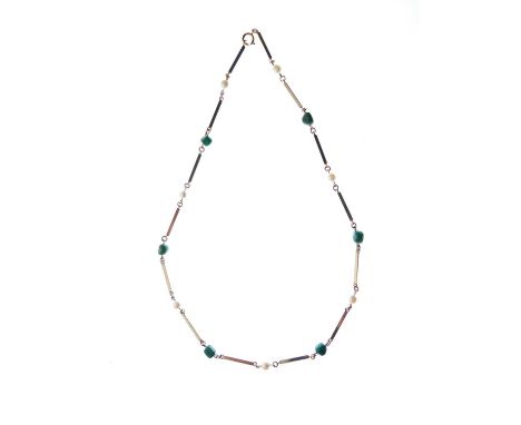 9ct gold, pearl and green stone necklace, 45cm long approx, 10.6g gross approx