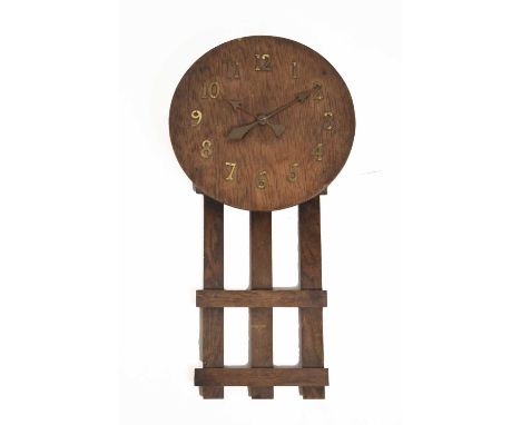 Early 20th Century Arts and Crafts/Mission style American oak wall clock with Arabic numerals, 74cm high