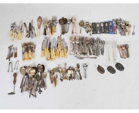 Large quantity of cutlery and flatware to include silver plated, mother-of-pearl handled, etc