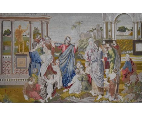 Large machine made tapestry with religious scene, 103.5cm x 165cm, framed