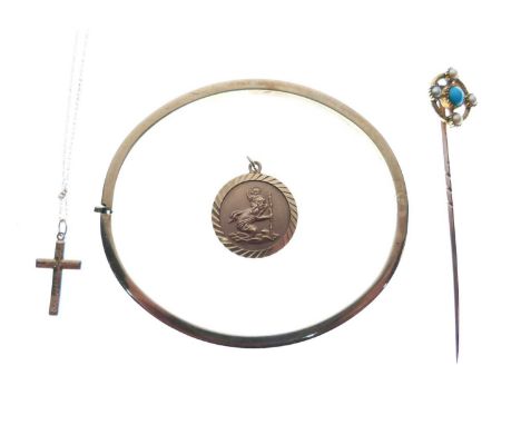 9ct gold St Christopher, an unmarked seed pearl and turquoise set pin, a hollow snap bangle the clasp stamped '9kt', and an u