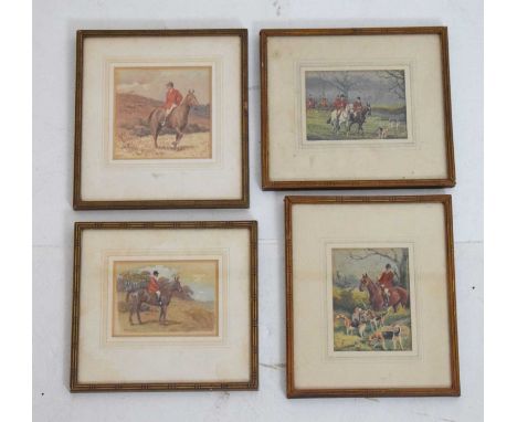 Four early 20th Century watercolours - Hunting scenes, 9cm x 9cm and smaller, framed and glazed