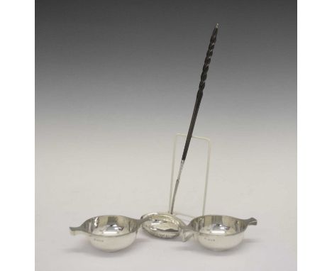 Pair of George VI Art Deco silver quaichs, London, 1938, 203.6g approx, together with a toddy ladleThe pair of quaiches have 