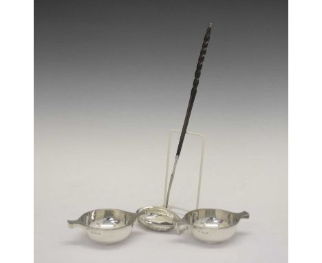 Pair of George VI Art Deco silver quaichs, London, 1938, 203.6g approx, together with a toddy ladleThe pair of quaiches have 