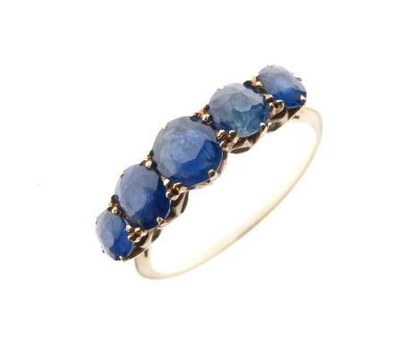 Graduated five-stone sapphire ring, the yellow metal mount unmarked, size Q approx, 3.1g gross approx