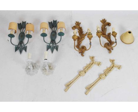 Quantity of wall lights to include pair of white porcelain wall lights with floral decoration, arrow wall lights etc, 33cm hi