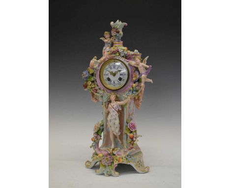 Impressive German porcelain mantel clock in the manner of Meissen, the 8cm convex white-enamelled dial with blue Roman hours 