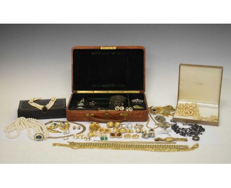 Costume jewellery including faux pearl necklaces, novelty owl pendant, earrings, brooches, etc