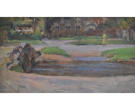 Richard Heyworth - Oil on wooden panel - Bourton-on-the-Water, unsigned, 13.5 x 23cm, framed