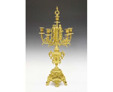 Gilt metal five-branch (six light) candelabrum, 68.5cm high