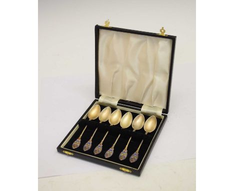 Marius Hammer - Cased set of six Norwegian white metal and enamel teaspoons