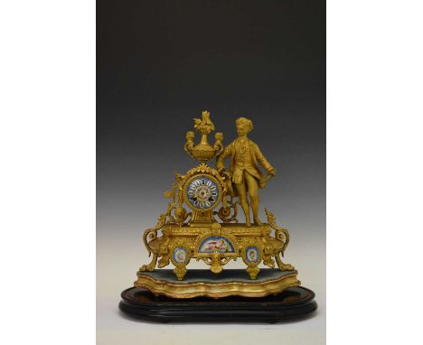 Late 19th Century French gilt spelter clock set with Sevres style porcelain dial, with two-train movement striking on a bell,