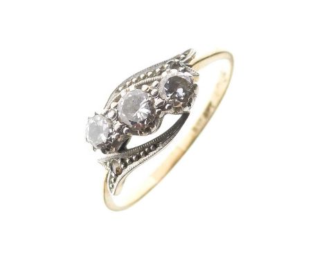 Yellow metal (18ct and Plat) three-stone diamond ring, set diagonally, size Q approx, 2.8g gross approx