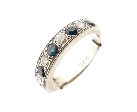 Yellow metal (18ct), diamond and sapphire half hoop ring set eight (of nine) stones, size N approx, 5.2g gross approx