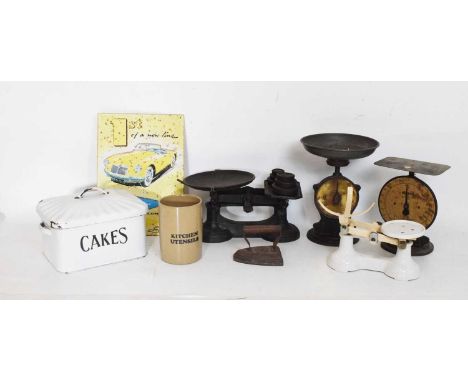 Vintage white enamel bread bin and a quantity of scales