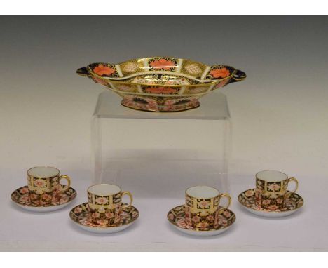 Royal Crown Derby Imari pattern dish, 28cm long, together with four coffee cans and four saucers, (9)