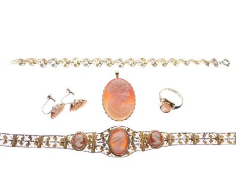 Group of cameo jewellery, including 9ct gold pendant/brooch, 9ct gold ring, 9ct gold earrings, and two unmarked bracelets