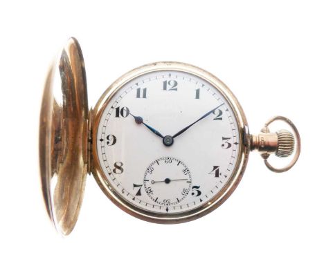 Full Hunter 9ct gold pocket watch having a white enamel Arabic dial, blued steel hands and seconds subsidiary at 6 o'clock, 4